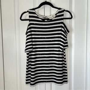 Chicos, cold shoulder, black stripe, sequined short sleeve knit top size 1 (M 8)